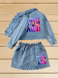 Girls' Cartoon Print Denim Jacket and Short Skirt Set, 1-8 Years, ideal gift for girls, popular Fashion Kpop girls Hunter Design, Spring & Fall&summer, Stylish Holiday Outfits for Kids Spring Break Vibes