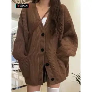 Women’s preppy-style solid button-front drop-shoulder cardigan, casual long-sleeve V-neck knitwear for all seasons, ladies’ knit clothing for everyday wear