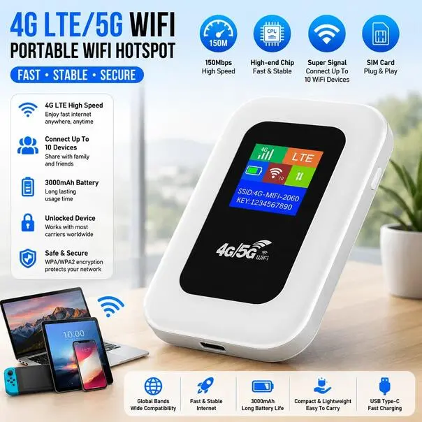 Unlocked 5G LTE WiFi Hotspot Router, Portable Mobile Broadband MiFi with LCD Display, 3000mAh Rechargeable Battery, Wireless Travel Router