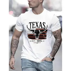 Texas Pride Bull Head T-Shirt Soft Comfortable Fabric Round Neck Short Sleeves Machine Washable Casual Summer Top for Men Streetwear Crewneck Shortsleeve Menswear Tshirt Top Man Biker Black Tropical