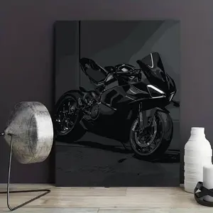 Sleek Black Superbike Sportbike Motorcycle Art Canvas Print, Modern Minimalist Unframed Wall Art Poster for Garage, Man Cave & Bedroom, Premium Waterproof Ink Decor Gift for Biker Racing Fans