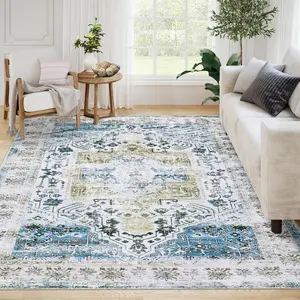 【GARVEE】 Large Area Rug 10x13 Washable Rug for Living Room Vintage Oriental Medallion Rug Non Slip Low Pile Ultra Soft Rug Stain Resistant Accent Rug for Bedroom Dining Room Classroom Rug, Blue Multi