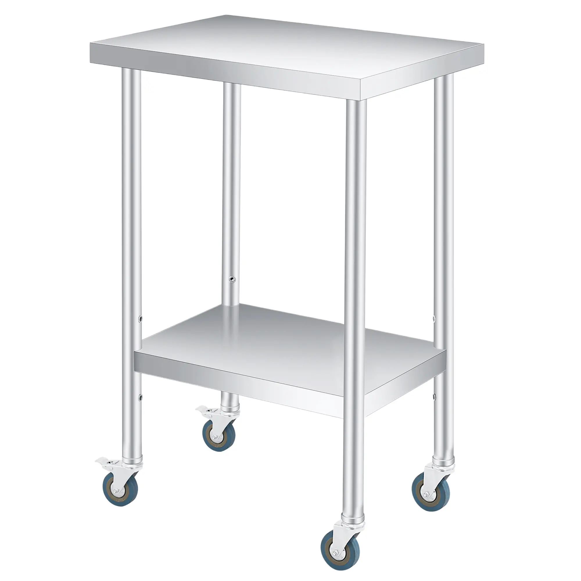Heavy Duty Stainless Steel Outdoor Patio Side Table – 2-Tier with Adjustable Undershelf, Locking Wheels, Rustproof, Easy to Clean, Ideal for Kitchen, Garage, Workshop, Office, 24x24x35in