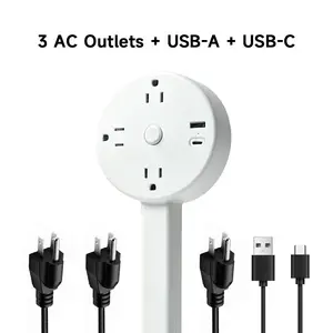 Flexible Outlet Extender for Bed & Couch 3 AC Outlets USB-A USB-C 18-26" Adjustable Swivel Design 180° Rotating Base for Easy Installation