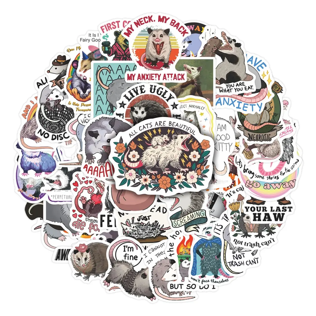 50pcs Possum Meme Funny Stickers Pack, Waterproof Anxiety & Relatable Cute Possum Quote Decals for Laptop, Water Bottle, Journal & Scrapbook, Meme & Odd Animal Lover Gift, Self Adhesive Stickers, Sticker Packs