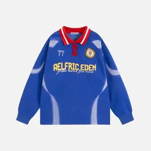 Aelfric Eden Inkjet Print 77 Mens Vintage Letter  Polo Sweatshirt  Casual Oversized Button Collar Graphic Patchwork  Pullover Streetwear Graphic Tops