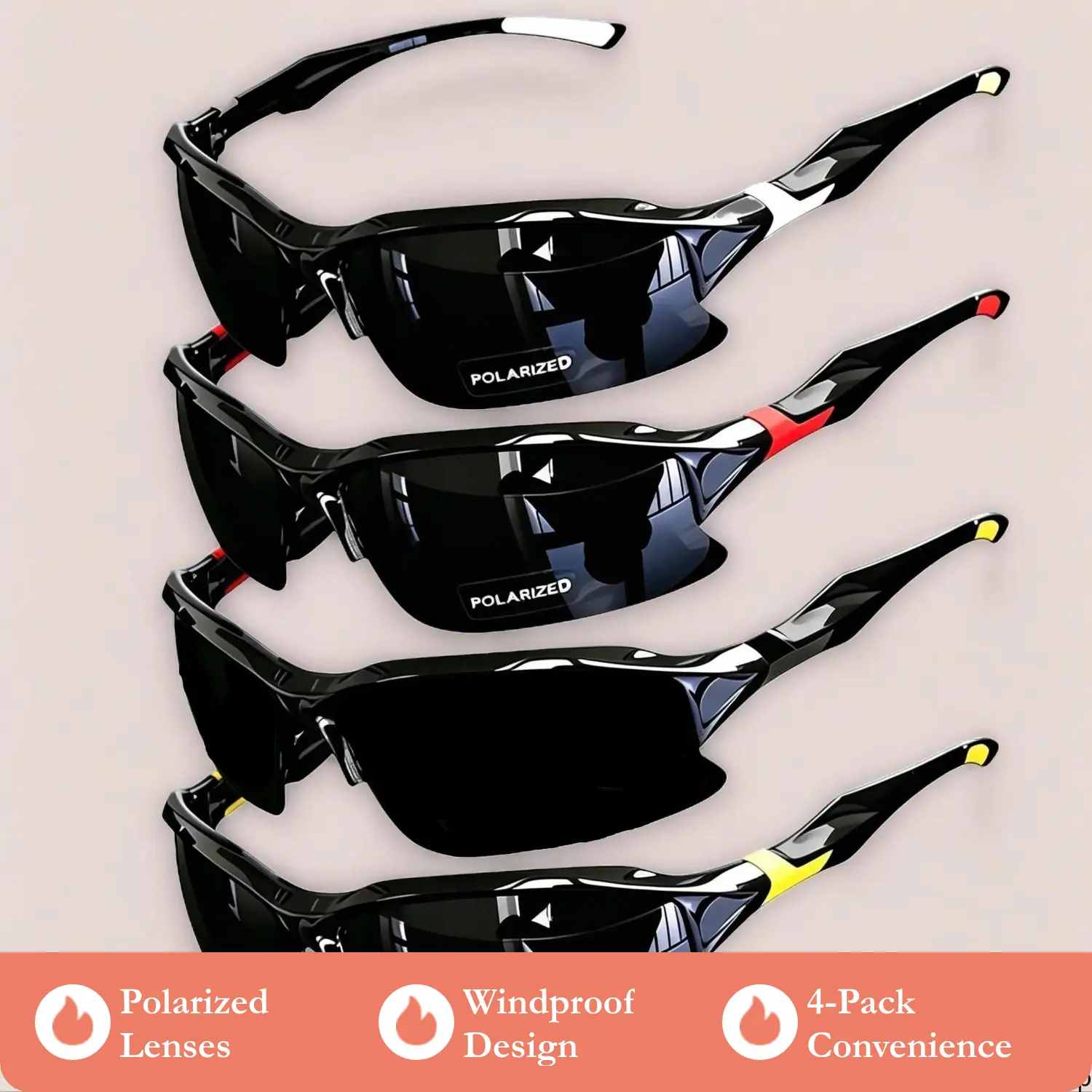 Men's 4-Pack Polarized Sports Sunglasses, Windproof Lightweight Outdoor Eyewear, Clear Vision Eye Protection, Comfortable Goggles for Running, Fishing