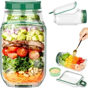 Salad Jar Mason Jar - Orange Side Open Salad Making and Storage Tool, Convenient Lunch Box with Seasoning Box, Ideal for Microwave, Dishwasher, Refrigerator, Ideal for Lunch, Dinner, Office and Travel Salad Bottles