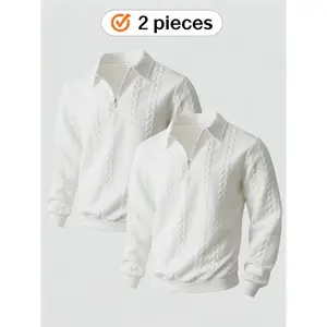 2-piece men's autumn and winter knitted quarter zipper lapel sweater with a retro Polo style sweatshirt. It features a texture design and soft fabric suitable for layering.solid-color long-sleeved sweatshirt，gifts for him boyfriend christmas gifts
