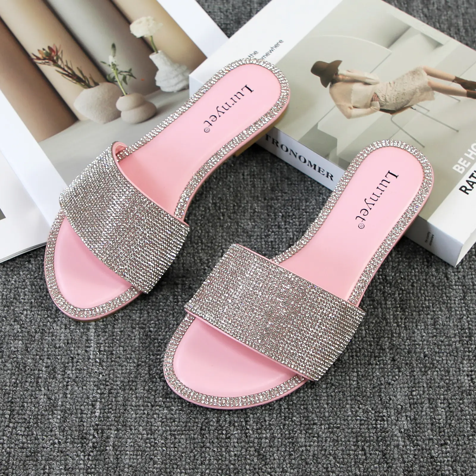 Women's Rhinestone Strap Open Toe Slide Sandals - Bedazzled Casual, Bejeweled Flat Sandals for Summer, Bedazzled Women's Casual Sandals, Bejeweled Women's Flat Sandals