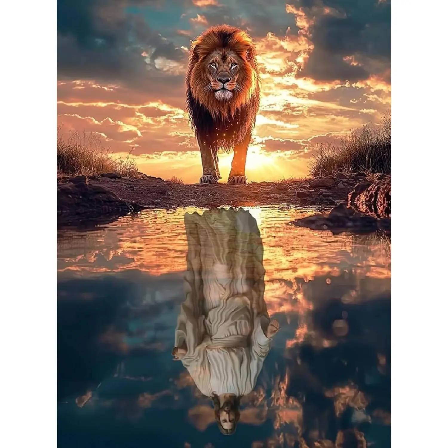 5D Full Drill Diamond Painting, Lion & Jesus Reflection Water Scene, Sunset Wildlife Religious Inspirational DIY Wall Decor