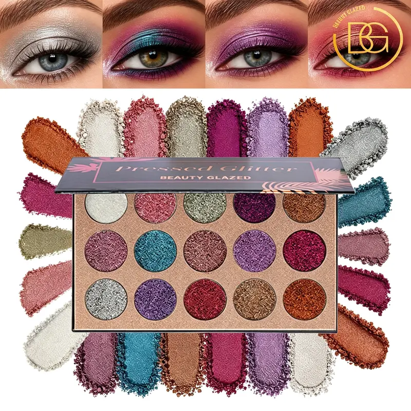 Beauty Glazed 15 Color Diamond Glitter Eyeshadow Palette - Silky Friend Gift, Multicolor Makeup, Long Lasting, Smudge Proof