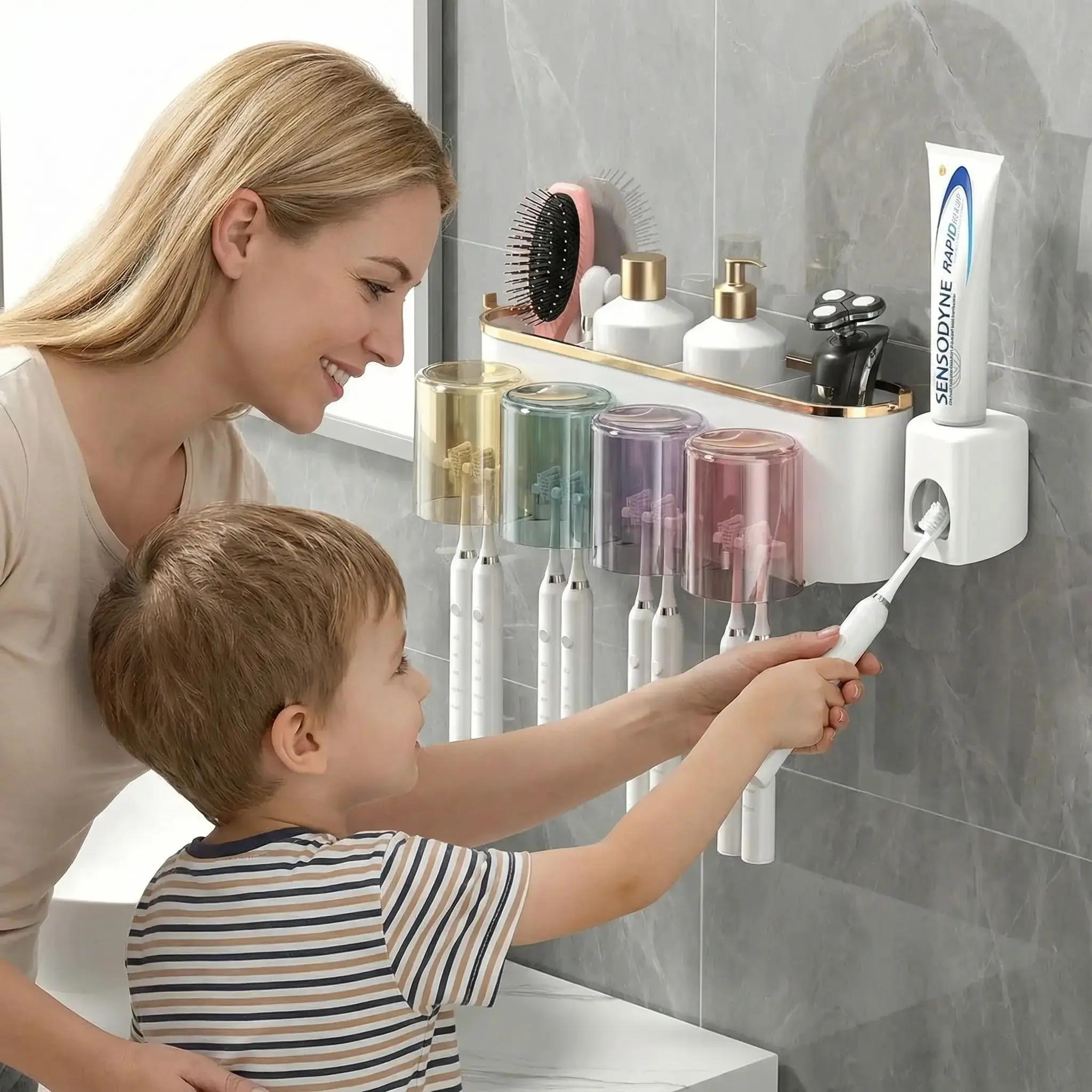 4 Cup Toothbrush Holder Set, Creative Wall-Mounted Bathroom Organizer With Toothpaste Dispenser. Random Cup Colors (Gray, Blue, Purple, Pink, Yellow) May Not Match Rendering, Suitable For Graduation Gifts, Father's Day Gifts, Halloween Decor Bottles