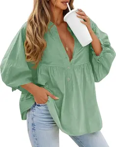 Tankaneo Womens Puff Sleeve Babydoll Tops V Neck Button Down Blouse Cute Casual Loose Fit Flowy Shirts