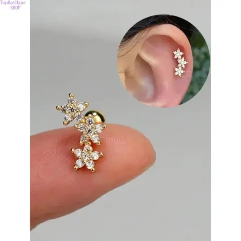 Women’s 16G 3-Flower CZ Stud Earrings - Hypoallergenic Lightweight Stainless Steel Sparkling Cartilage Earrings for Daith, Conch, Tragus, Helix, Elegant All-Seasons Jewelry for Daily Wear & Parties