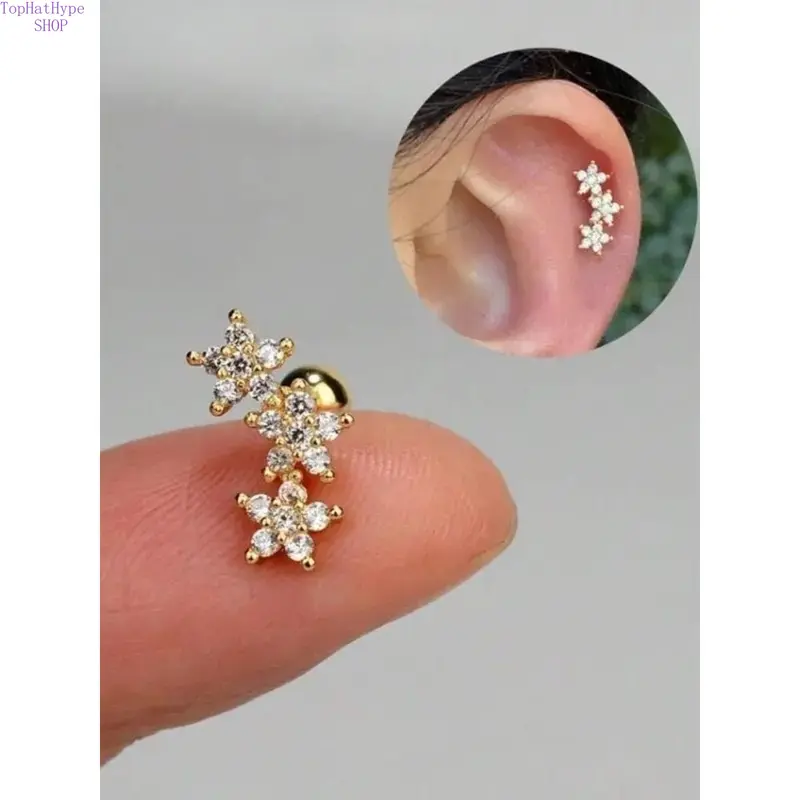 Women’s 16G 3-Flower CZ Stud Earrings - Hypoallergenic Lightweight Stainless Steel Sparkling Cartilage Earrings for Daith, Conch, Tragus, Helix, Elegant All-Seasons Jewelry for Daily Wear & Parties