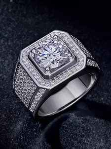 Men's Platinum Plated Moissanite Ring, S925 Silver Inlay, 2 Carat Lab-Grown Moissanite Jewelry, Fashion Engagement Rings, Hip Hop Street Fashion Leader Ring