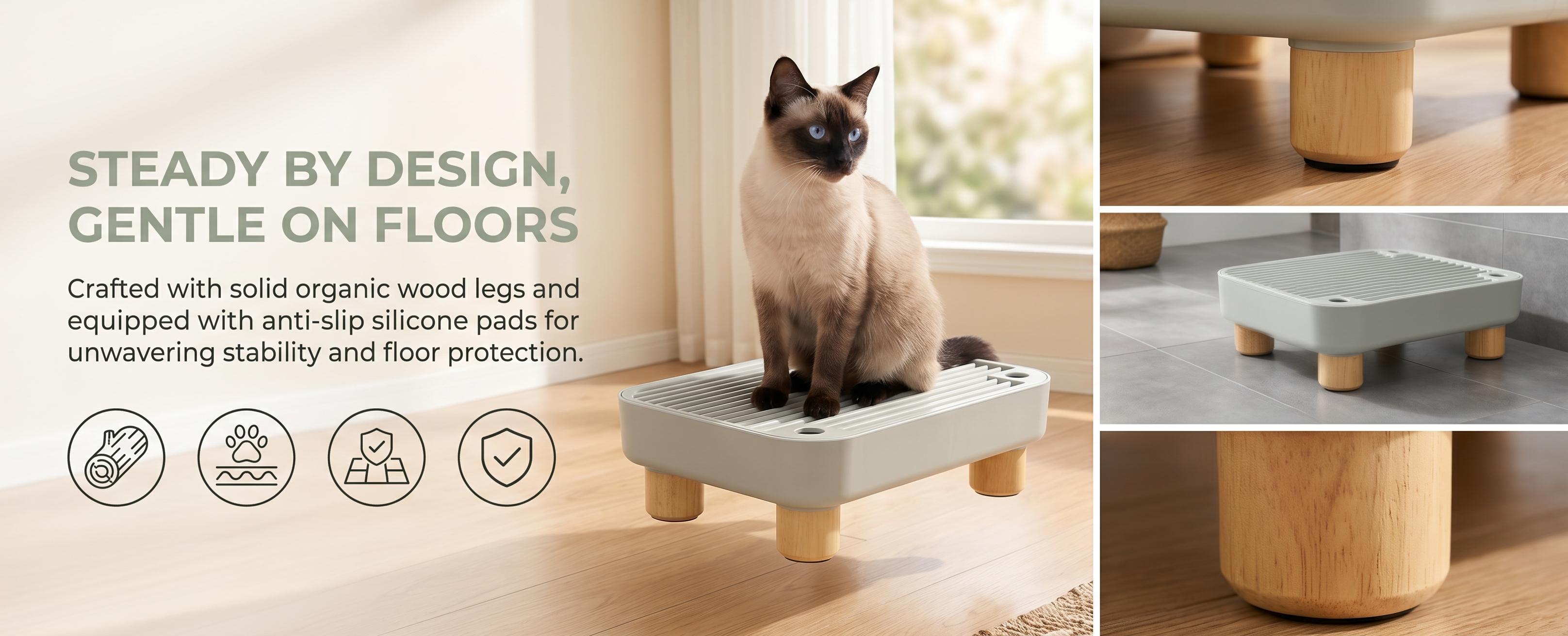【NEW】Wood Base Cat Litter Box Step, 11.8"x7.9"x3.6" Large Ramp Catcher with Anti-Tracking, Easy Cleaning, Dirt-Resistant Surface Wipes Clean, Clean Floors, Flat Surface, Compatible with Most Litter Boxes