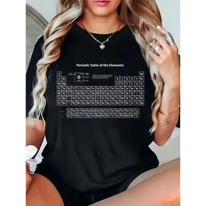 Women's Periodic Table of Elements Graphic T-Shirt, Casual Chemistry Science Tee for Students Teachers, Black Short Sleeve Top for Back to School Daily Wear 100% Cotton T-shirt