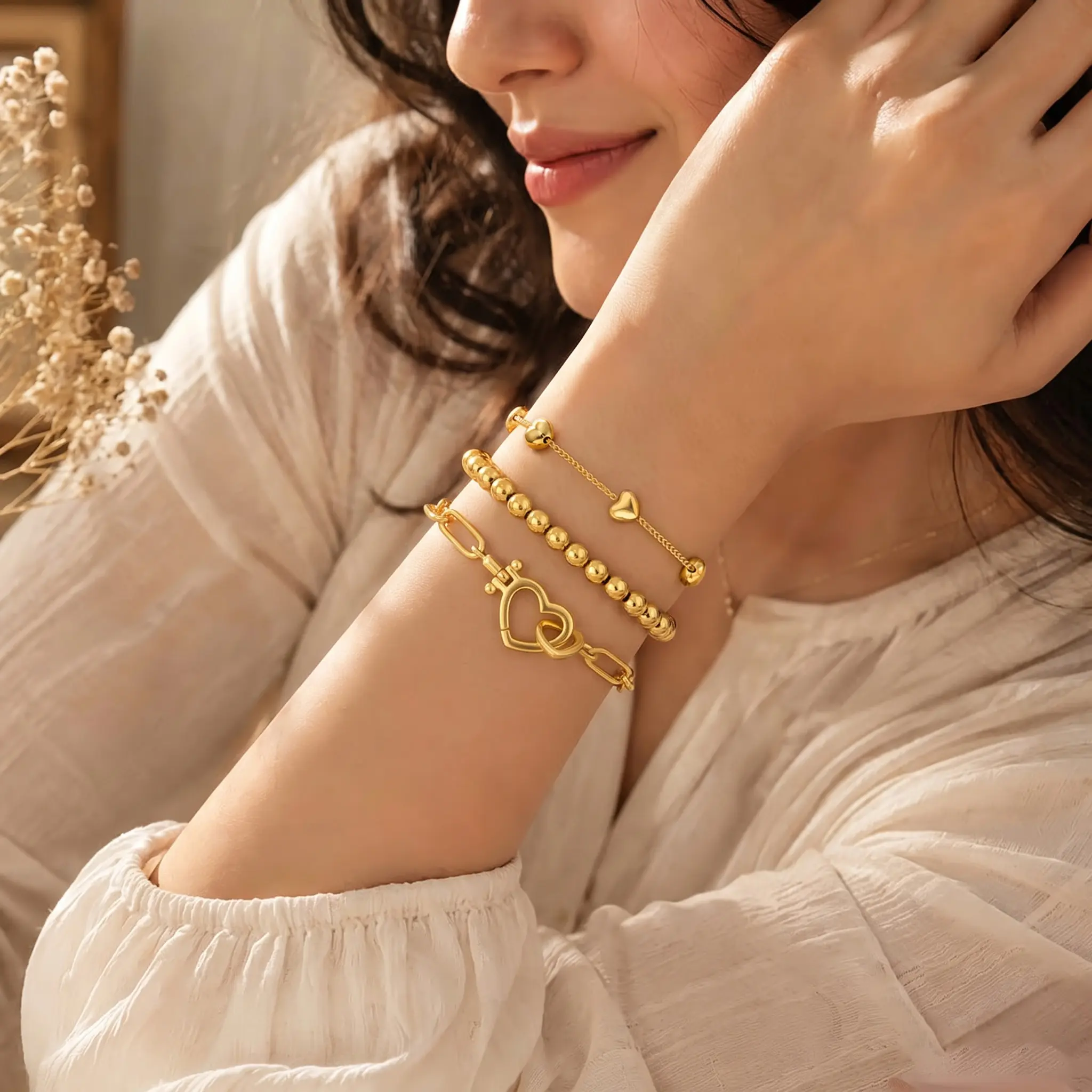 Aprilery 3 Piece Heart Toggle Beaded Bracelet Set for Mix and Match Layering