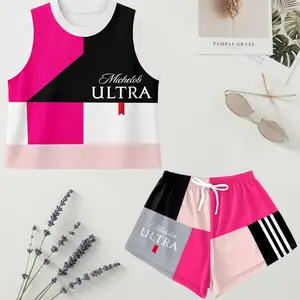 Michelob Ultra Women’s Crop Top and Sport Shorts Set, Color Block Pink Black Athletic Summer Outfit, Gift for Her