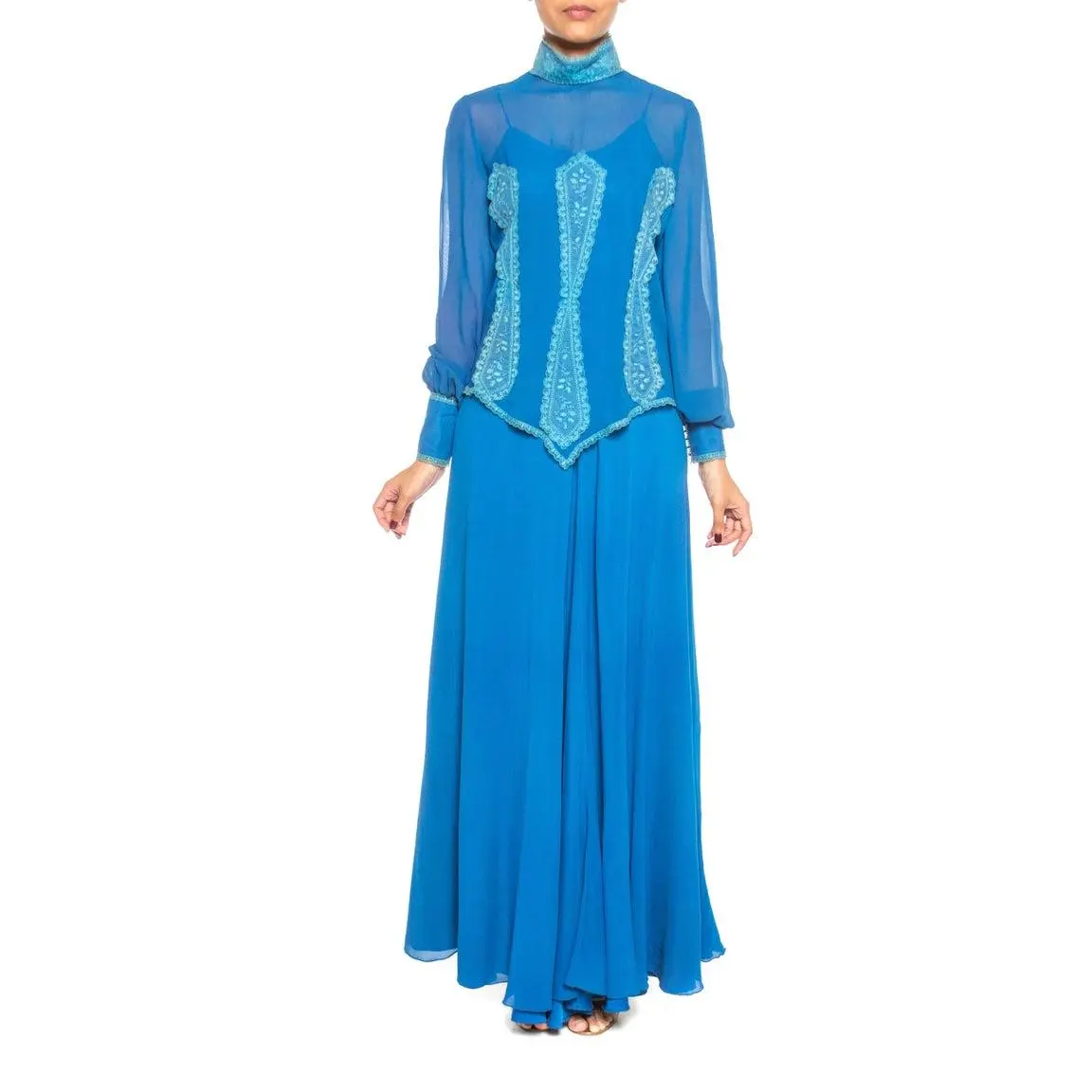 1970S ENZO RUSSO COUTURE Blue Silk Chiffon Victorian Style Dress With Lace Blouse