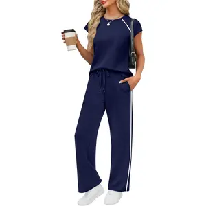Women's 2 Piece Lounge Sets 2026 Summer Cap Sleeve Tops Wide Leg Pants Travel Outfits Matching Fashion Clothing