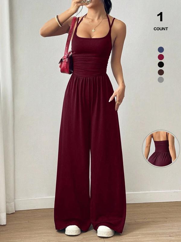 2026 Women's Sleeveless Halter Jumpsuit, Ruched Waist Wide-Leg Palazzo Jumpsuit with Pockets