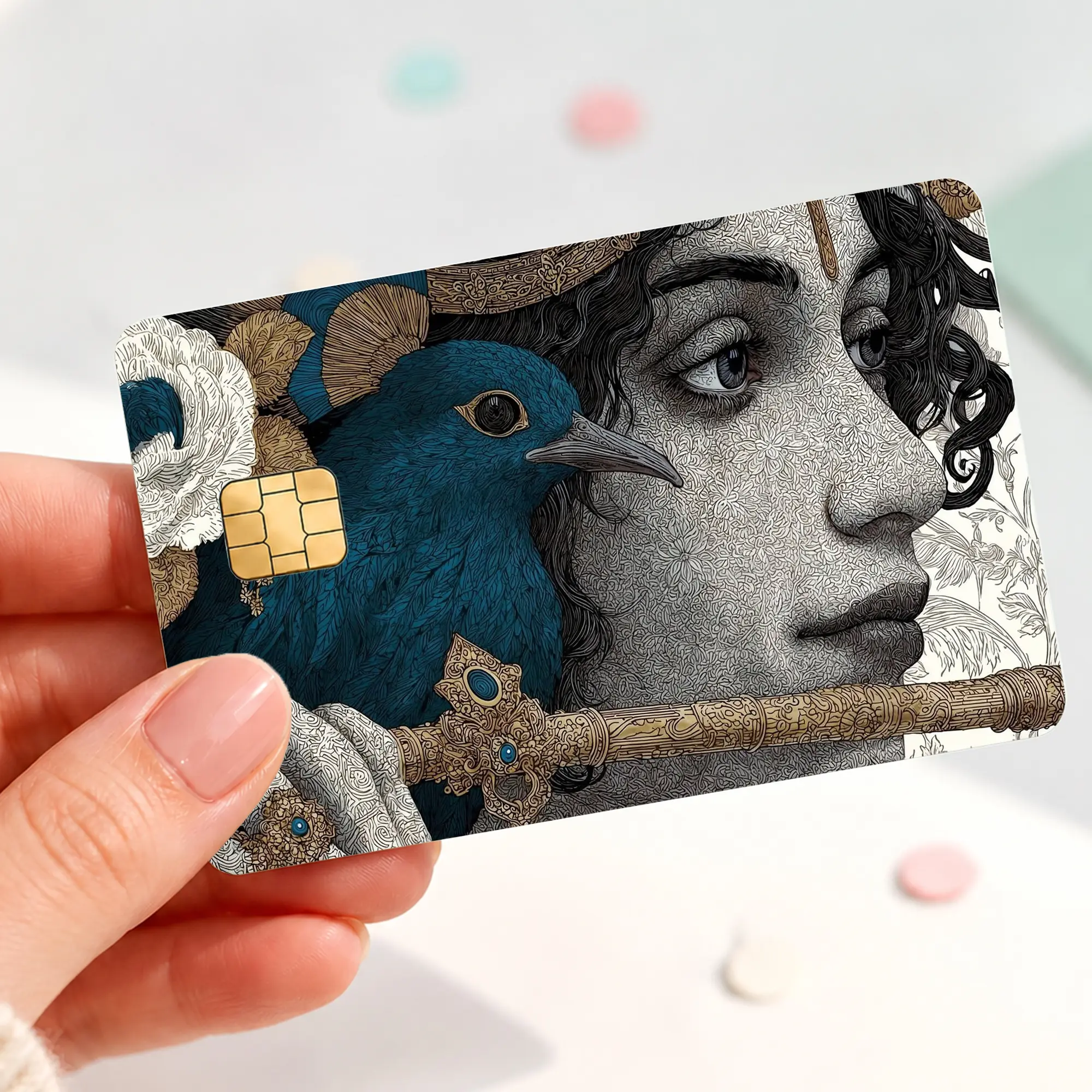 Peacock God Credit Card Skin Sticker, Mythology Art Debit Card Cover, Blue Peacock and Golden Flute Bank Card Decal, Spiritual Vintage Card Wrap Gift