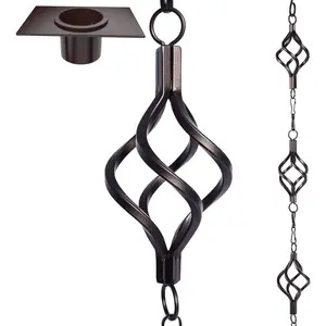 8.5Ft Adjustable Rustproof Wrought Iron Bird Cage Rain Chain Set for Gutters, with Adapter Drain Sturdy Anchoring Stake, 13 Cups 1 Hook, Decorative for Garden, Coffee