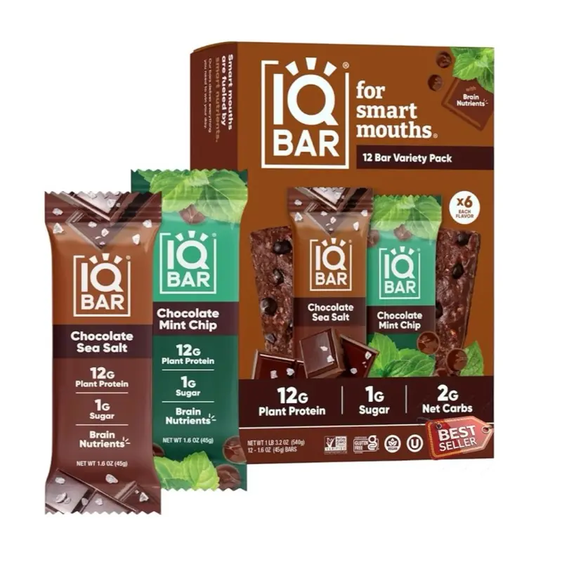 IQ-BAR Brain and Body Keto Protein Bars Variety Pack Chocolate Sea Salt & Mint Chip - 12g Plant Protein 1g Sugar - 12 Count Low Carb Vegan Energy Bars