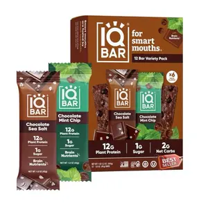 IQ-BAR Brain and Body Keto Protein Bars Variety Pack Chocolate Sea Salt & Mint Chip - 12g Plant Protein 1g Sugar - 12 Count Low Carb Vegan Energy Bars
