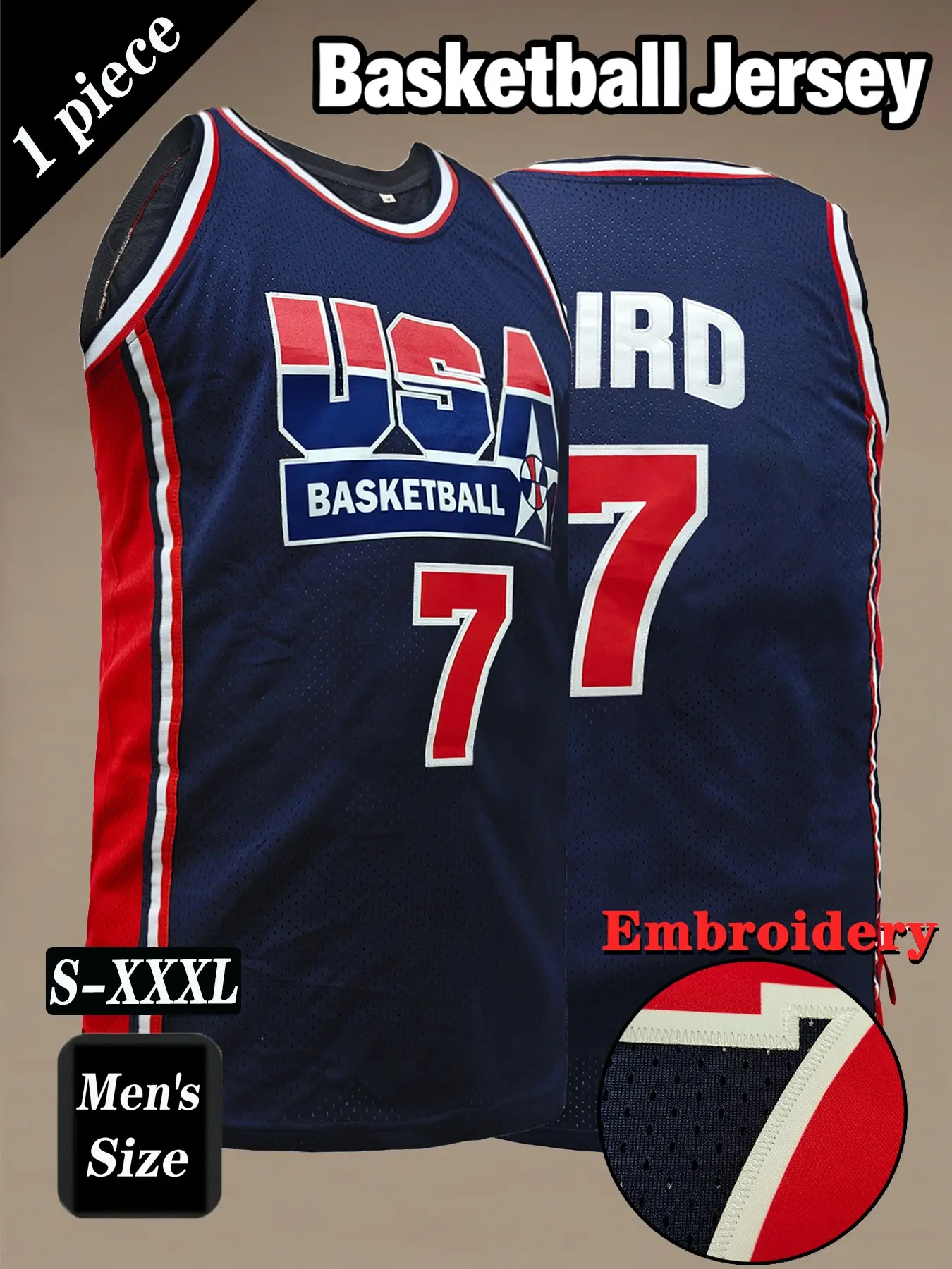 Men's Retro USA Basketball Jersey, Classic #7 Dream Team Embroidered Sportswear, Loose Fit Breathable Athletic Top Sleeveless Vest, Unisex Casual Outdoor Activity