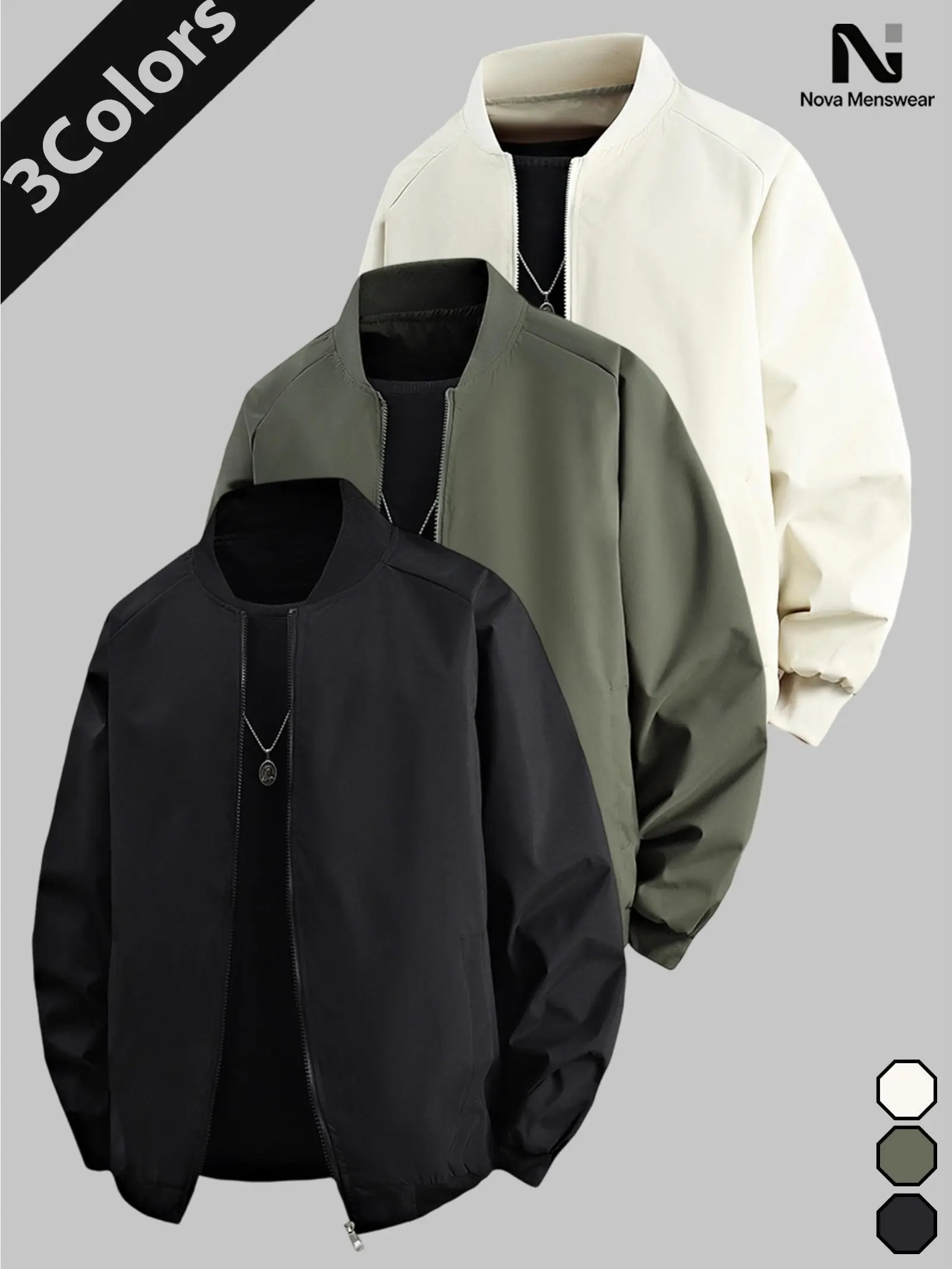 Men's Casual Bomber Jacket, Lightweight Plain Streetwear Polyester Coat with Ribbed Trim and Full Zip, Tops, Menswear, Coats