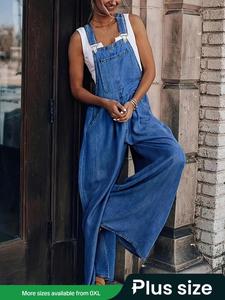 【plus size】 solid color denim-effect print overalls, fashion sleeveless pocket overalls for daily outdoor wear, women's plus clothing for all seasons, dungarees, womenswear, casual comfy jumpsuit