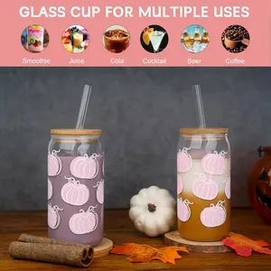 ANOTION  18oz Glass Cups with Lids and Straws -Fall Gifts for Women - 2 Pack Pink Pumpkins Mug,  Tumbler Iced Coffee Cup,  Pumpkin Decor