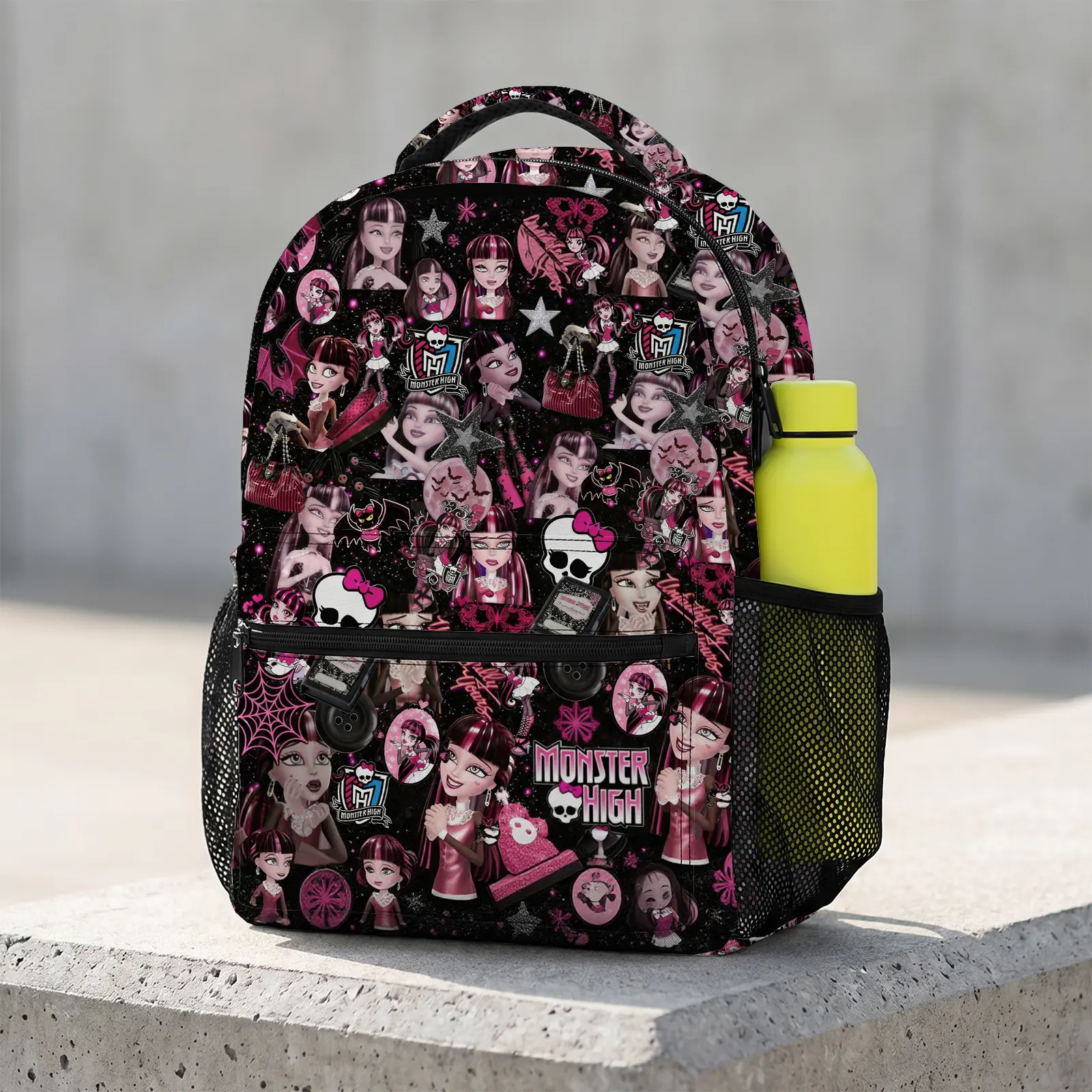 Gothic Pink Anime Monster High Character Print Backpack Large Capacity Lightweight Travel Daypack School Bag for Teen Girls Women