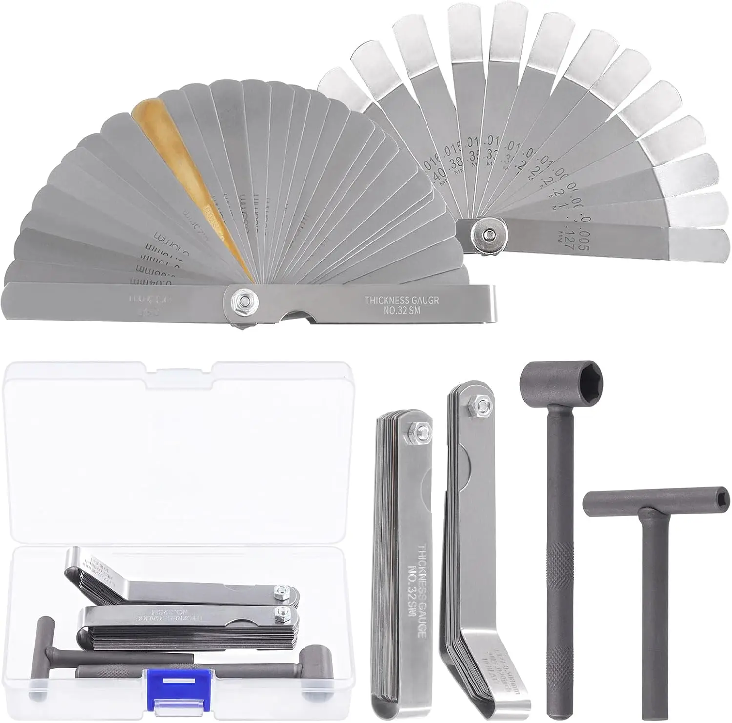 4 count Adjusting Valves Tools Set,  Engine Valve Screw Adjusting, Include Square Hole Tool, Hexagonal Hole Tool, Straight Feeler Gauge and Offset Feeler Gauge(Metric and Imperial)