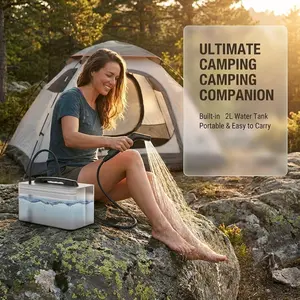 Outdoor cleaning kit, feminine hygiene washing device, RV exterior shower, portable bidet, electric bidet, for posterior washing, foot and hand washing, and temporary water supply; optional water tank or bucket.
