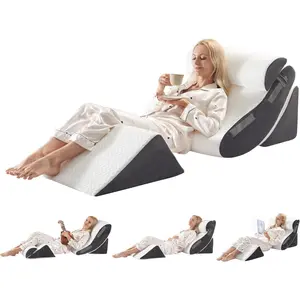 4PCS orthopedic bed wedge pillow set for sleeping, post-surgery foam support pillows for back, neck, and leg pain relief, adjustable triangle pillow for acid reflux, GERD, and snoring recovery, white/gray