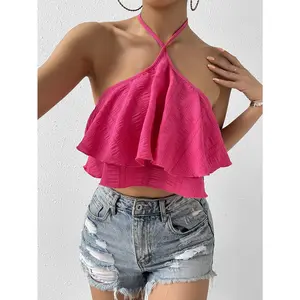 Spring Break Solid Ruffle Trim Tie Backless Halter Top