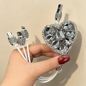 Clear Heart Bling Charger Cable 3-in-1 Pink Rhinestone Crystal Sparkly Aesthetic Girly Phone Cord Viral TikTok Gift