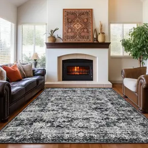 Dark Grey Washable Vintage Faux Wool Throw Bedroom Rug, 0.3 In Low Pile & Non-Slip Indoor Floor Carpet For Home Office, Kids Room, Bedside, 4x6, 5x7, 6x9, 8x10, 9x12 Feet rugs living room