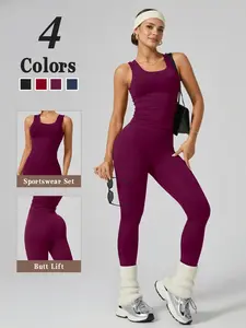 Women's Minimalist Solid Color Yoga Clothes Set, High-Waisted Butt-Lifting Yoga Pants, Fashionable Gym Wear, All-Seasons, Multiple Colors Available