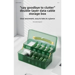 Data cable storage box with compartments, cable organizer, mobile phone charging cable desktop drawer, dustproof flip-top storage box