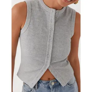 Women's Ribbed Button Down Tank Top, Sleeveless Round Neck Casual Slim Fit Top, All-Season Basic for Daily Wear