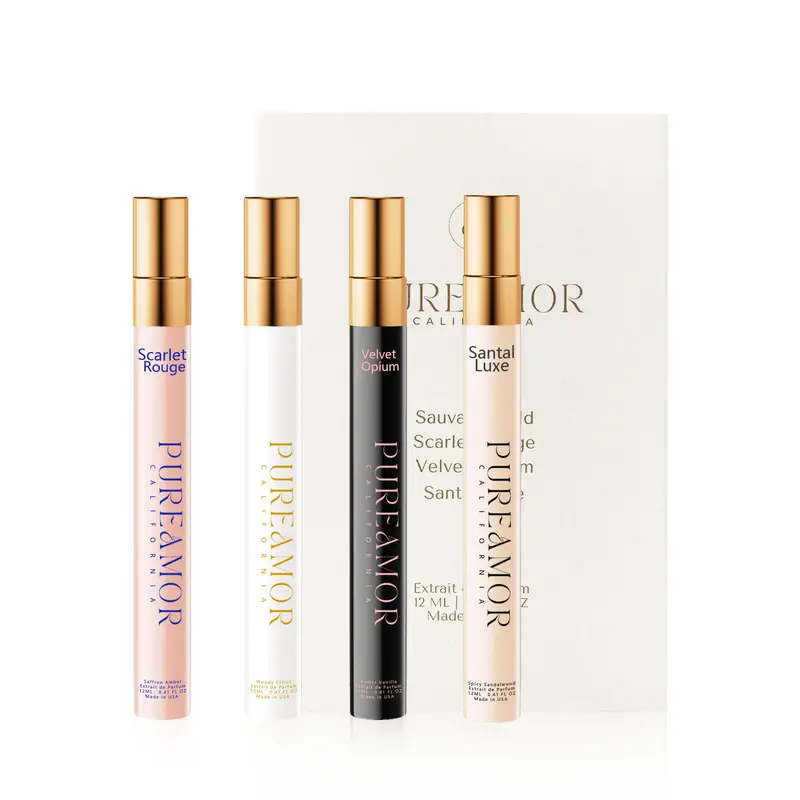 PUREAMOR Pheromones Perfumes for Women, 4-pack Giftbox Perfume Set, Amber Vanilla, Saffron Amber, Woody Citrus, Spicy Sandalwood, 1.64fl. Enhanced Scents Pheromone Cologne for Men&Women,Travel Size Perfumes