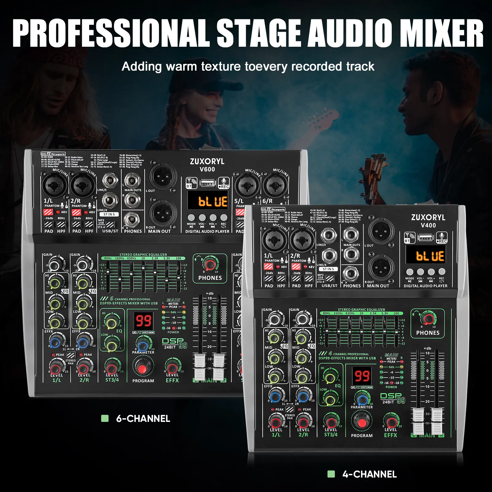 4/6 channels audio mixer 99 DSP Sound Effects Bluetooth/USB 48V Phantom Power 7-Band EQ Live Stream Recording, Streaming, Audio Equipment