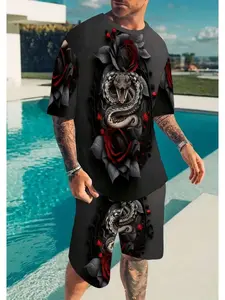 Men's Rose Snake Print Short Sleeve T-Shirt & Track Shorts Set, Casual Fitted Geometric Pattern, Drop Waist Crop Top