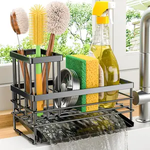 Kitchen Sink Caddy Sponge Holder with 2-Layer Rack, Brush Holder, Rectangular Stainless Steel Auto-Drainage Rustproof Tray, Soap Dispenser Storage Accessories, Easy Installation, Black